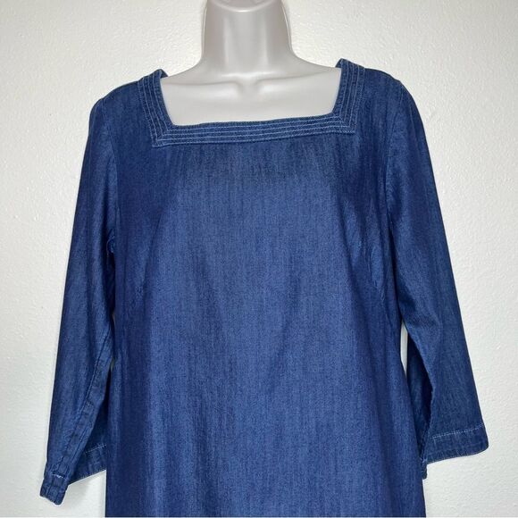 Talbots Square Neck Denim Shift Dress Blue Cotton Chambray 3/4 Sleeve Women 8 - Picture 4 of 13